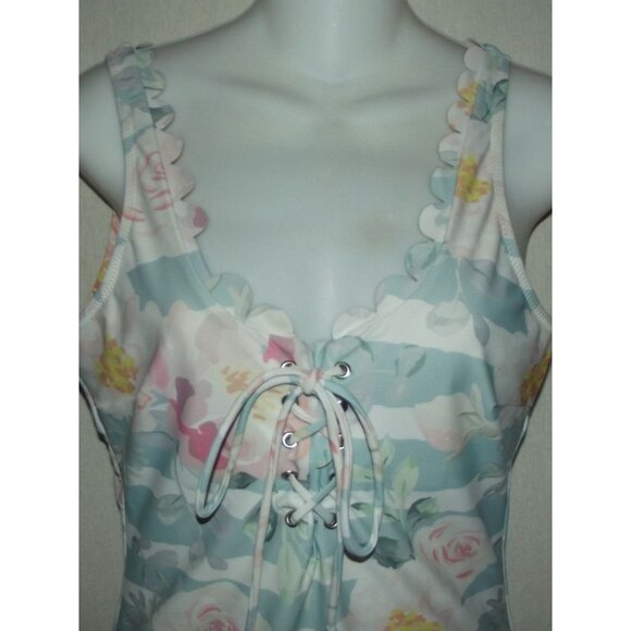 CUPSHE One Piece Swimsuit Womens Large lace up v-neck scalloped green coral pink - Picture 2 of 9